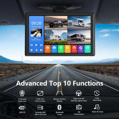 4 Channel Backup Camera System,Touchable 10.26 inch Monitor with DVR Stereo, 64GB Card, IP69 Waterproof, Nightvision 1080P Backup Camera for RV/Truck/Trailer Pickup,Rear Side Front Wired System