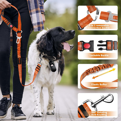 Removable Dog Seat Belt Harness for Car, 3 in 1 Pet Dog Car Seatbelt Leash, Retractable Restraint Secures to Vehicle Headrest & Adjustable Reflective Bungee Dog Seatbelt Tether,Orange