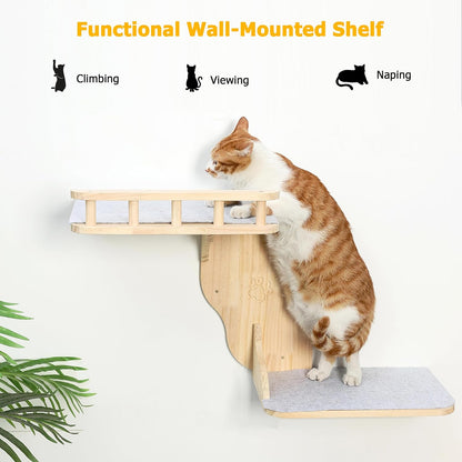 Cat Wall Perches, 2-Levels Corner Shelves Wall-Mounted Platform with Scrathing Mat, Wood Furniture for Indoor Cats Climb,Play and Nap (Left)