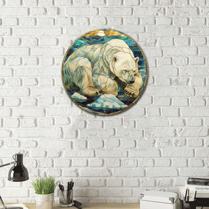 Lygond Metal Sign Tin Sign Circular Stained Glass Polar Bear Bar Signs for Home Decor for Pet 12×12 Inches