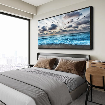 Wapluam Large Wall Decoration For Living Room Black Framed Canvas Wall Art For Bedroom Office Wall Decor Black And White Wall Painting Blue Sea Wave Pictures Artwork Modern Hotel Room Home Wall Art