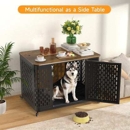 Heavy Duty Dog Crate Furniture for Large and Medium Dogs, 43.7 Inch Large Dog Crate Kennel with Flip Top & Cushion & Wheels, Escape Proof Pet Cage for High Anxiety Dogs