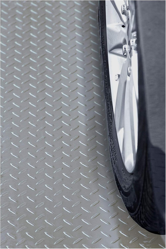 RESILIA Heavy Duty Garage Floor Runner & Protector Mat - Slip Resistant Diamond Plate PVC Mats - Water, Spill, & Stain Resistant, Silver (4 feet x 10 feet)