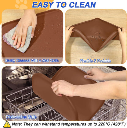 Silicone Pet Feeding Mat with Raised Edge for Food and Water, Dog Bowl Mats, Cat Bowls Placemat with High Lip for Floor Waterproof, Rubber Tray for Cats and Dogs 19 x 12 x0.7 Brown