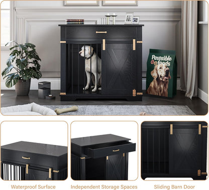 LZUUOB 37.8'' Dog Crate Furniture with Storage Drawer, Decorative Wooden Dog Kennel with Sliding Barn Door, Indoor Water Resistant Cage for Pet, Small, Medium, Large Dog (Black Gold Oak)