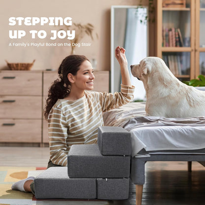 Foldable 18 Inch Wide Dog Stairs for Small Dogs, 12 Inch Height Foam Dog Steps for Bed & Couch, Linen Covered Pet Stairs for Dogs to Get on Bed, Indoor Foam Pet 2 Steps for for Cat and Puppy