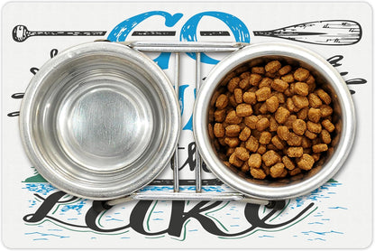 Lunarable Cabin Pet Mat for Food and Water, Vintage Typography Inspirational Words Lake Sign Canoe Fishing Sports Theme, Non-Slip Rubber Mat for Dogs and Cats, 18" X 12", Black Green