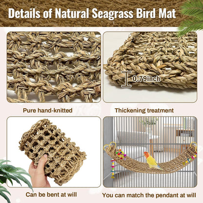 2Pcs 29.5 x 7 inches Large Bird Seagrass Mat Grass Woven Net Parrot Hammock Mat Parakeet Climbing Rope Ladder with Hooks Bird Cage Accessories for Conure Cockatiel Budgie Macaw Bearded Dragon
