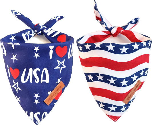 Realeaf 4th of July Dog Bandanas 2 Pack, Triangle Reversible American Flag Pet Patriotic Scarf for