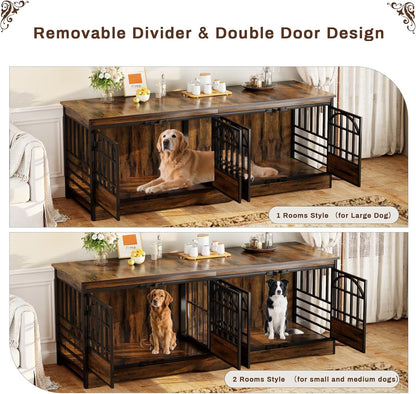 COZPAW 86 Inch Double Dog Crate Furniture for 2 Large Dogs, Decorative Dog Kennel Indoor TV Stand, Heavy Duty Wooden Dog Cage for Large Medium Dogs Sized Dog Pet House with Divider (Brown)