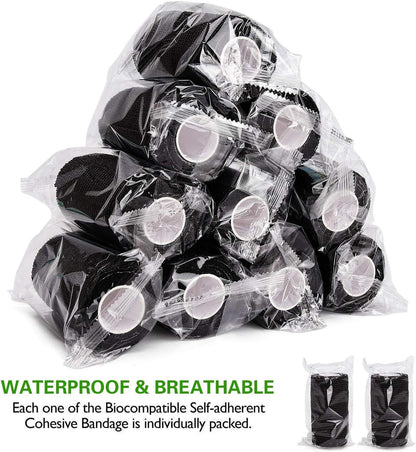 TOBWOLF 12PCS Self Adherent Bandage, 4" x5yd / 10cmx4.5m Cohesive Elastic Bandage Wrap, Breathable Sports Tape for Wrist Ankle Knee Leg Sprains Swelling - Black
