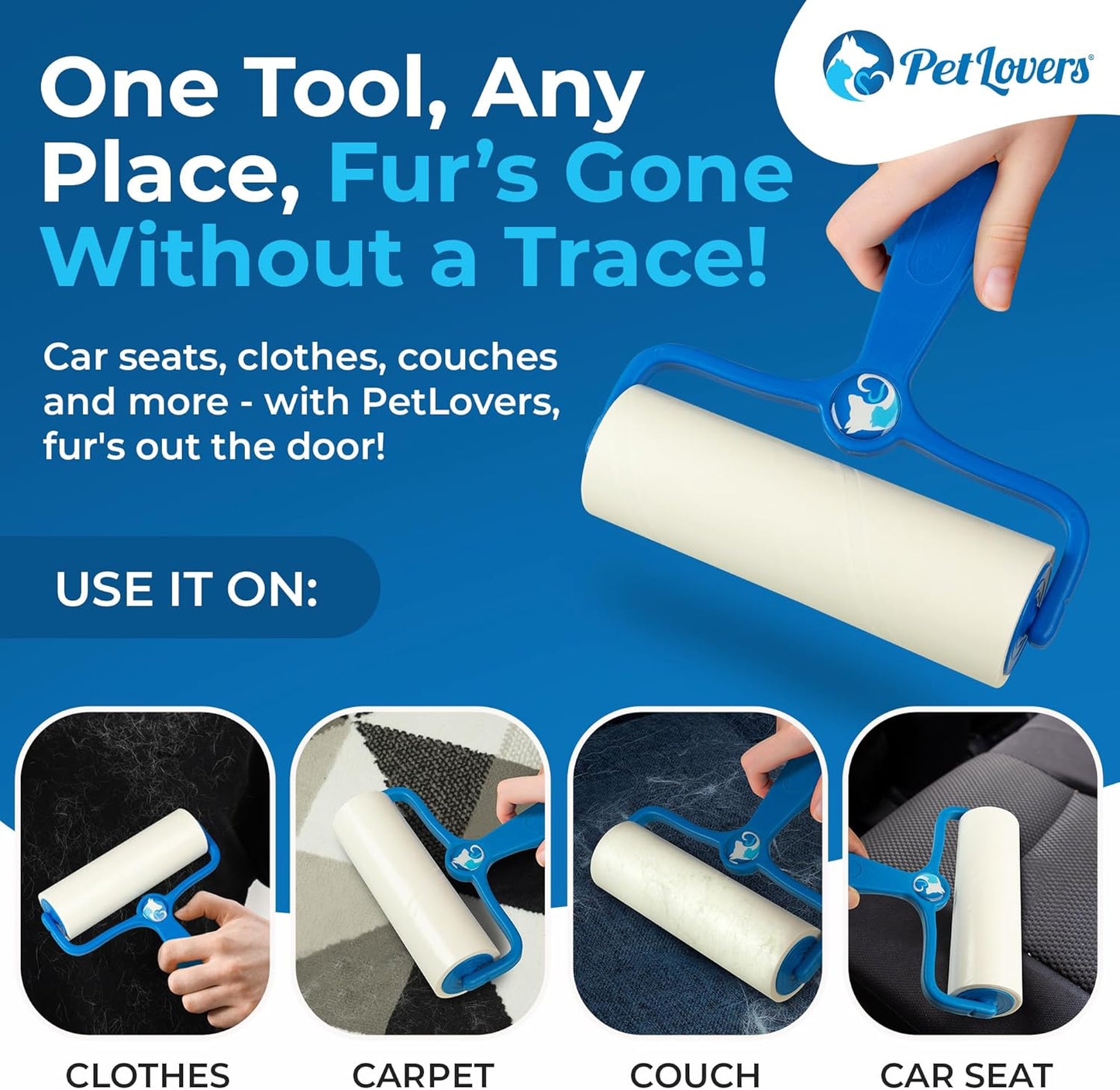 PetLovers 6.3" Large Lint Roller for Pet Hair Extra Sticky 270 Sheets, Ideal for Pet Hair Removal from Furniture & Clothes, Dog and Cat Lint Remover 3 Pack