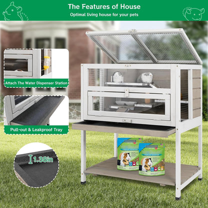 Guinea Pig Cages Wooden Hamster Cage Indoor with Stand and Storage Outdoor Small Animals Habitat with Metal Edges Ramps Hideout House,No Leak and Pull Out Tray, Easy Clean