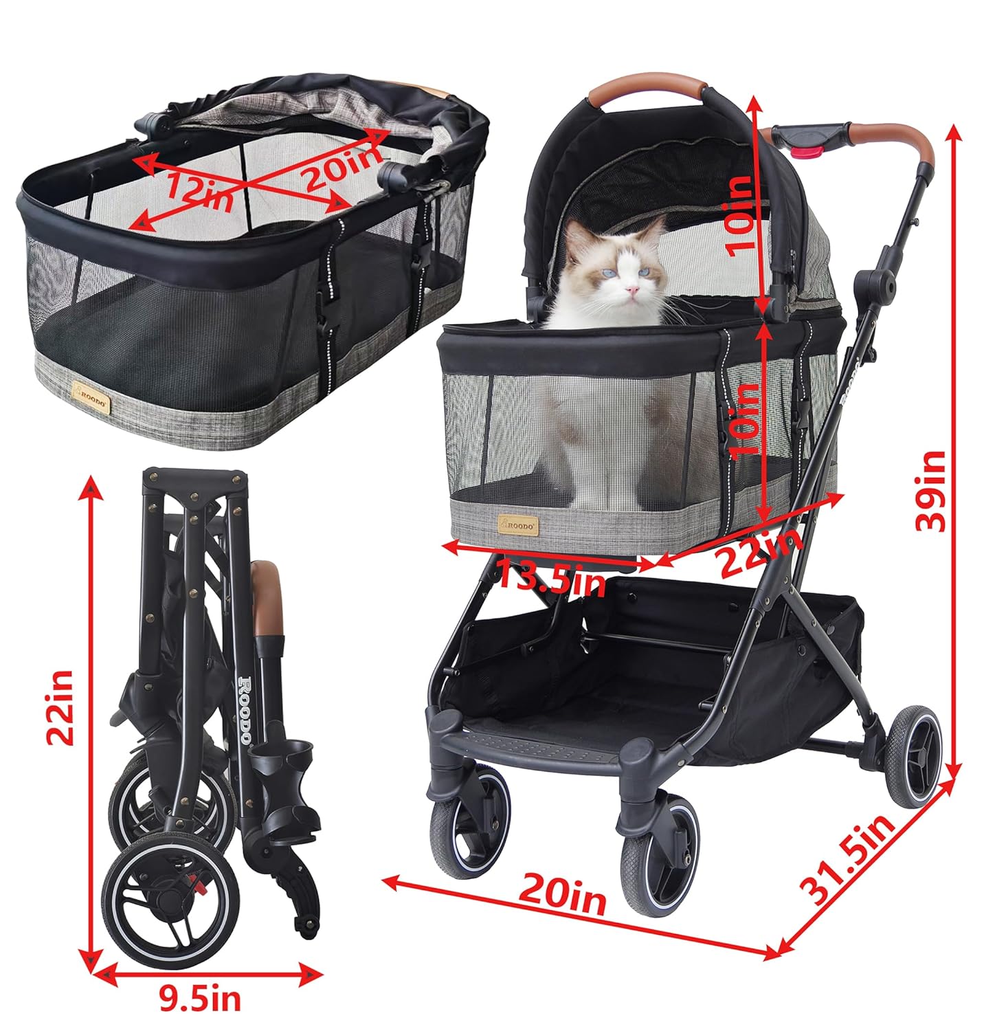 ROODO Fashion 3-in-1 Dog Cat Stroller with Detachable Carrier&Car Seat Combo Best Lightweight Folding Portable All-Terrain Travel Pet Gear Puppy Doggie Kitty Stroller for up to 30 lbs(Grey Lattice)