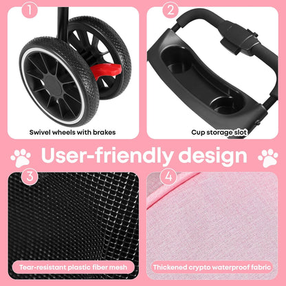 Pet Stroller,Dog Stroller for Small Medium Dogs Cats,3 Wheels,Foldable,with Breathable Mesh Canopy,Cup Holders,Easy Assembly,Pink