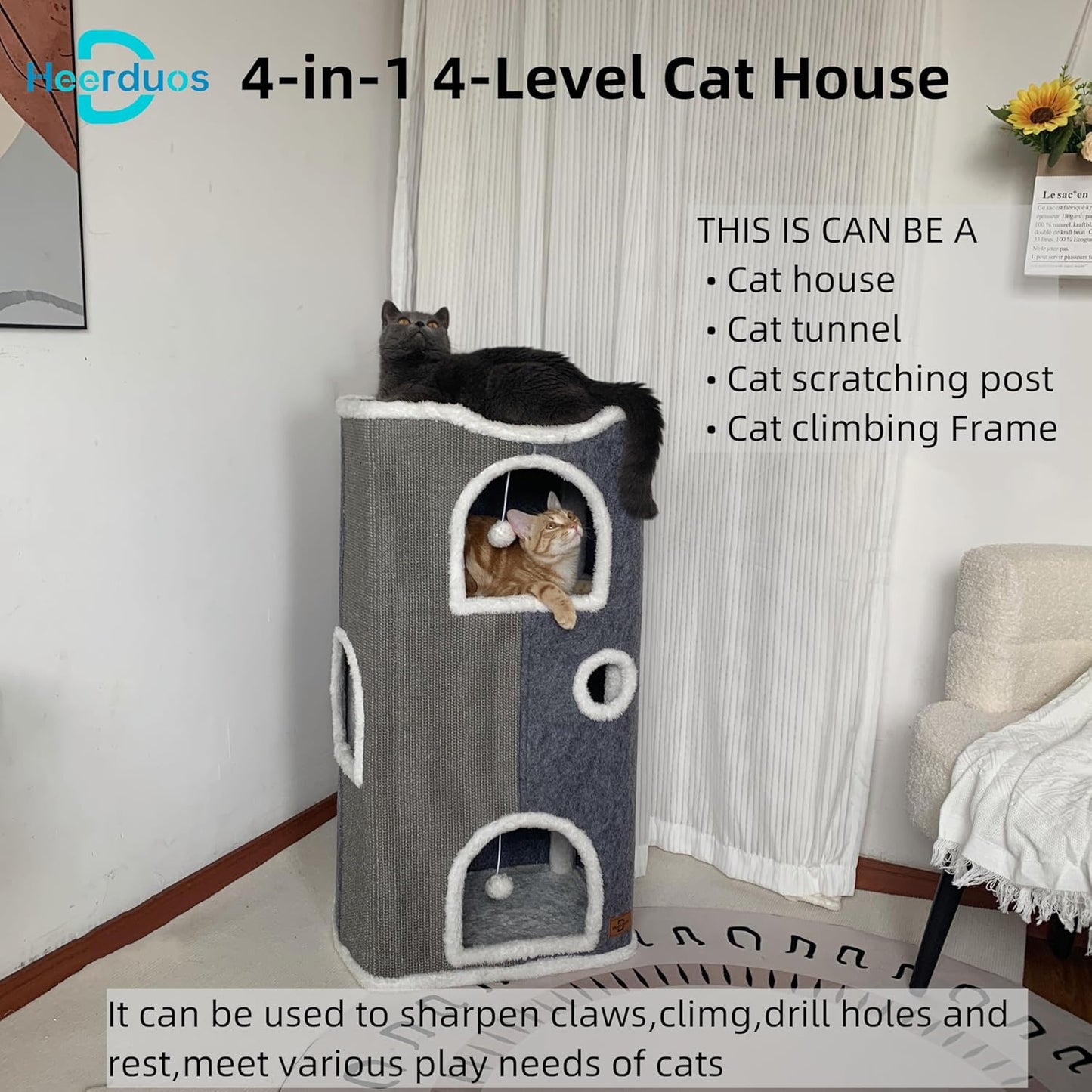 4-Level Cat House for Indoor Cats,Covered Cat Beds and Furniture with Scratch Pad,Hideaway Cave &Cushions,Modern Cat Tower Condo for Multi Small Pet and Large Cats