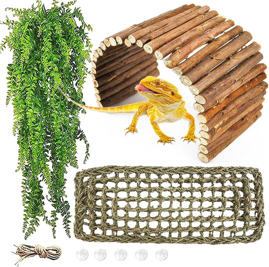 kathson Reptile Wooden Bridge,Bearded Dragon Hammock Decor Wood Reptile Hideout Hut Terrarium Hanging Plants Climbing Accessories Reptiles Hide Caves for Snake Gecko Lizard Tortoise (3 Pcs)