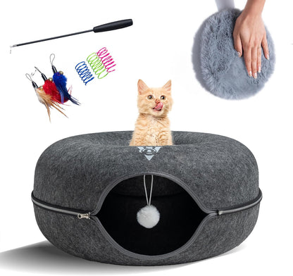 Premium Large Size 24 Inch Cat Tunnel Bed - With Upgraded Metal Zipper - Detachable Round Design - Washable - and Scratch Resistant - Includes 3 Toys and Removable Cushion