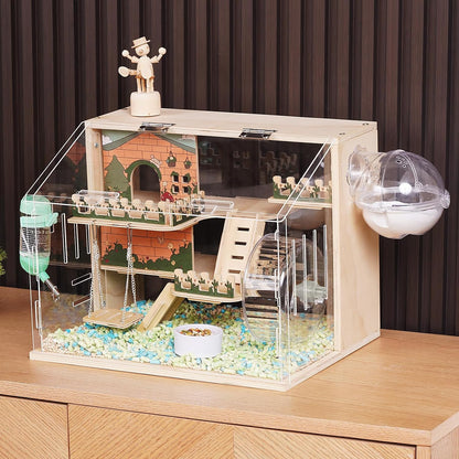 11 in 1 Wooden Hamster Cage with All Accessories, 15.8 Inch 3-Layer Dwarf Hamster Cage Acrylic,Small Animal Cages, Pastoral Style Mouse Cage for Pet Mice, Hedgehog, with Stairs, Fences and Swing