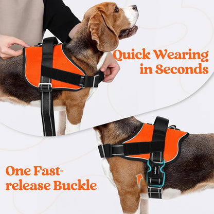 rabbitgoo Dog Harness for Large, Easy On Pet Vest with One Buckle, No Pull Adjustable Service Harness with D-Ring & Handle, Reflective for Safety Walking, Training, Orange, L