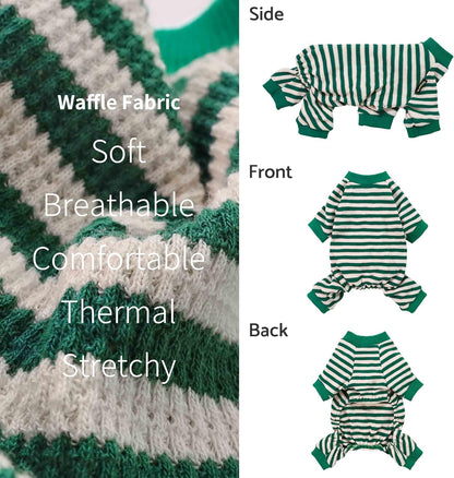Fitwarm Green and White Striped Dog Pajamas, Waffle Dog Clothes for Small Dogs Girl Boy, Puppy Onesie with Feet, Pet Cat Outfit, Small