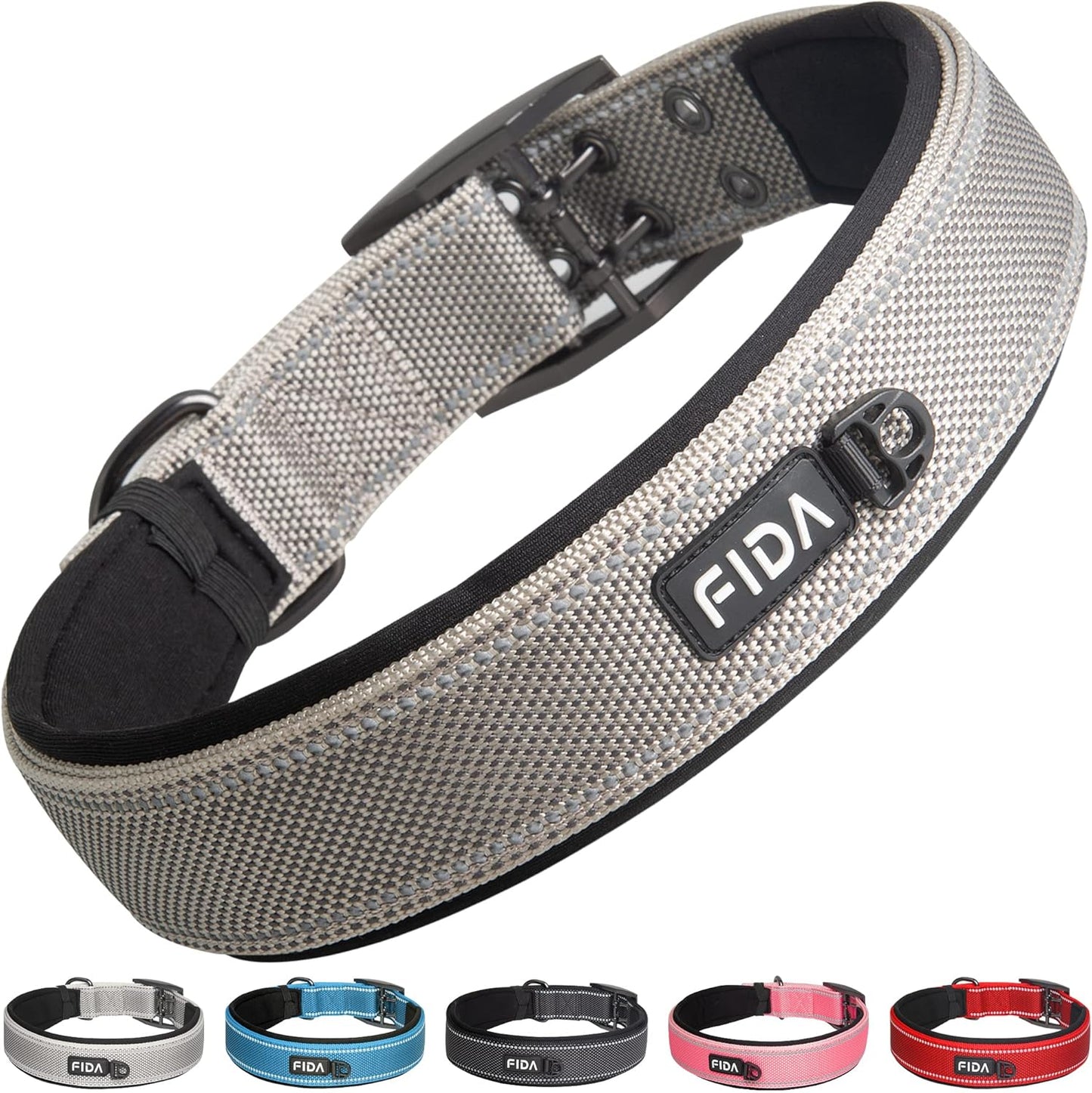 Fida Heavy Duty Dog Collar 1.5” Width, Ultra Soft Neoprene Padded, Adjustable Reflective Nylon Pet Collar with Two Metal Pin Belt Buckle for Large/X-Large Breeds (XL, Grey)