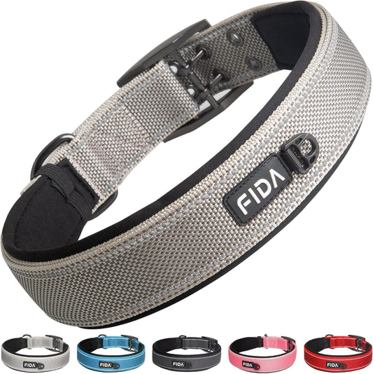 Fida Heavy Duty Dog Collar 1.5” Width, Ultra Soft Neoprene Padded, Adjustable Reflective Nylon Pet Collar with Two Metal Pin Belt Buckle for Large/X-Large Breeds (XL, Grey)