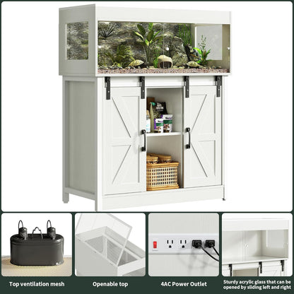 40 Gallon Reptile Terrarium with Stand, Reptile Tank with Barn Door and Storage, Vivarium with Acrylic Doors, Ventilated Mesh Top & Power Outlet, for Geckos, Lizards, Snakes White PX06RTW