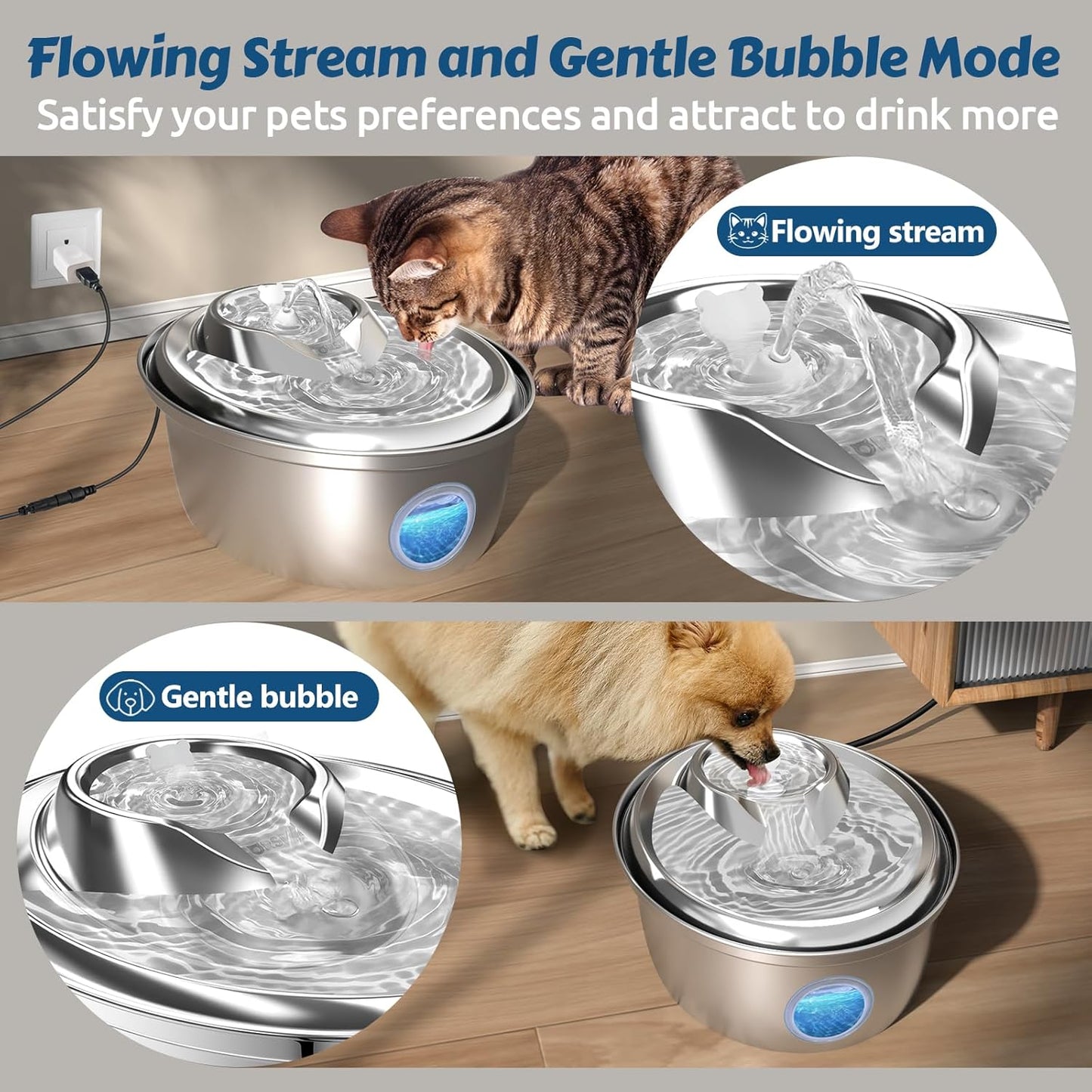 ORSDA Stainless Steel Cat Water Fountain, Automatic Pet Drinking Fountain, 100oz/3L Dog Water Dispenser with LED Water Level Window- 9Pcs Filters（ D66