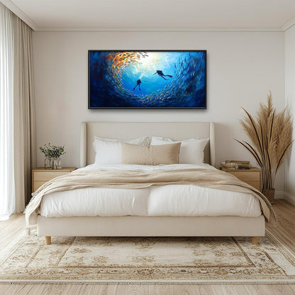 Large Ocean Diving Wall Art for Living Room, Framed Oversized Fish Wall Decor Underwater Marine Life Canvas Painting Modern Artwork for Living Room Bathroom Bedroom Office Dining Room 60"x30"