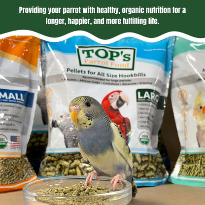 TOP's Parrot Food Pellets Hookbills, Small, Medium, Large Birds - Non-GMO, Peanut Soy & Corn Free, USDA Organic Certified - 1 lb / 453 g