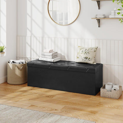 Sweetcrispy 43 Inches Folding Ottoman with Storage Bench, Foot Rest Stool, End of Bed Storage Bench Upholstered, Load 660 lbs, for Living Room, Lychee Grain Leather, Black
