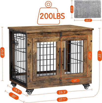 Lulive Small Dog Crate Furniture Set of 2, Dog Kennel Indoor Double Doors Wooden Dog Cage, 27' Heavy Duty Dog Crate with Cushion & Wheels, End Table Pet House Chew-Resistant Up to 30 lb, Rustic Brown