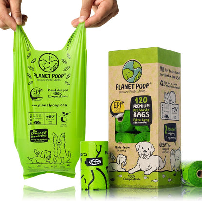 PLANET POOP Home Compostable Dog Poop Bags Extra-long with Handles 120 Un-Scented Pet Waste Bags Plastic Free, Thick Leakproof Plant-Based Doggy Bag, Cats & Dogs Pet Supplies