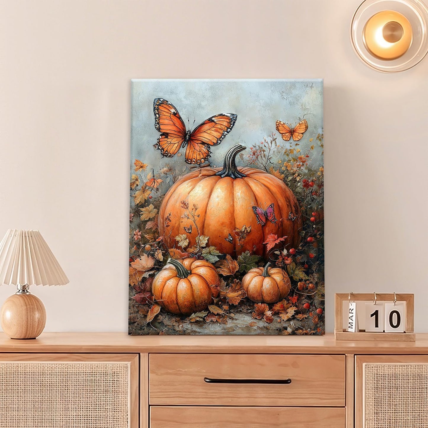 Fall Pumpkin Pictures Wall Art, Rustic Thanksgiving Bathroom Wall Decor, Farmhouse Autumn Butterfly Framed Painting Canvas Artwork for Harvest Gift Bedroom Living Room Decorations 16"L x 12"W