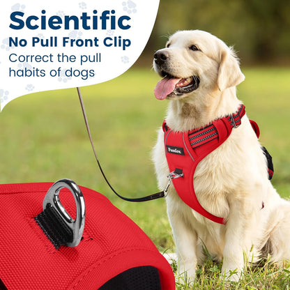 Funfox Dog Harness No Pull, Adjustable Pet Vest Harness, Super Soft Material with Vertical Handle Easy Control, Reflective Night Walking, 2 Leash Clips for Large Dogs, Red, L