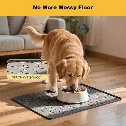 Pieviev Dog Cat Food Bowl Mat, Silicone Waterproof Food Grade Pet Food Mat for Floor, High Raised Edge to Prevent Spills, Non-Slip & Easy Clean Pet Placemat for Dog & Cat Bowls, 24''x16'', Dark Gray