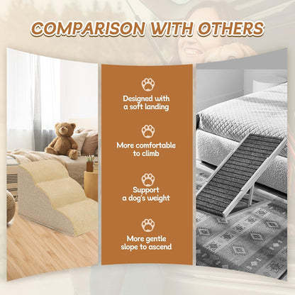 Romrol Dog Stairs Ramp for High Beds Couches, High Density Foam Pet Steps with Durable Non-Slip Waterproof Fabric Cover, Dog Stairs for Small Dogs or Cats or Pets, 3-Step,15 Inch,Beige