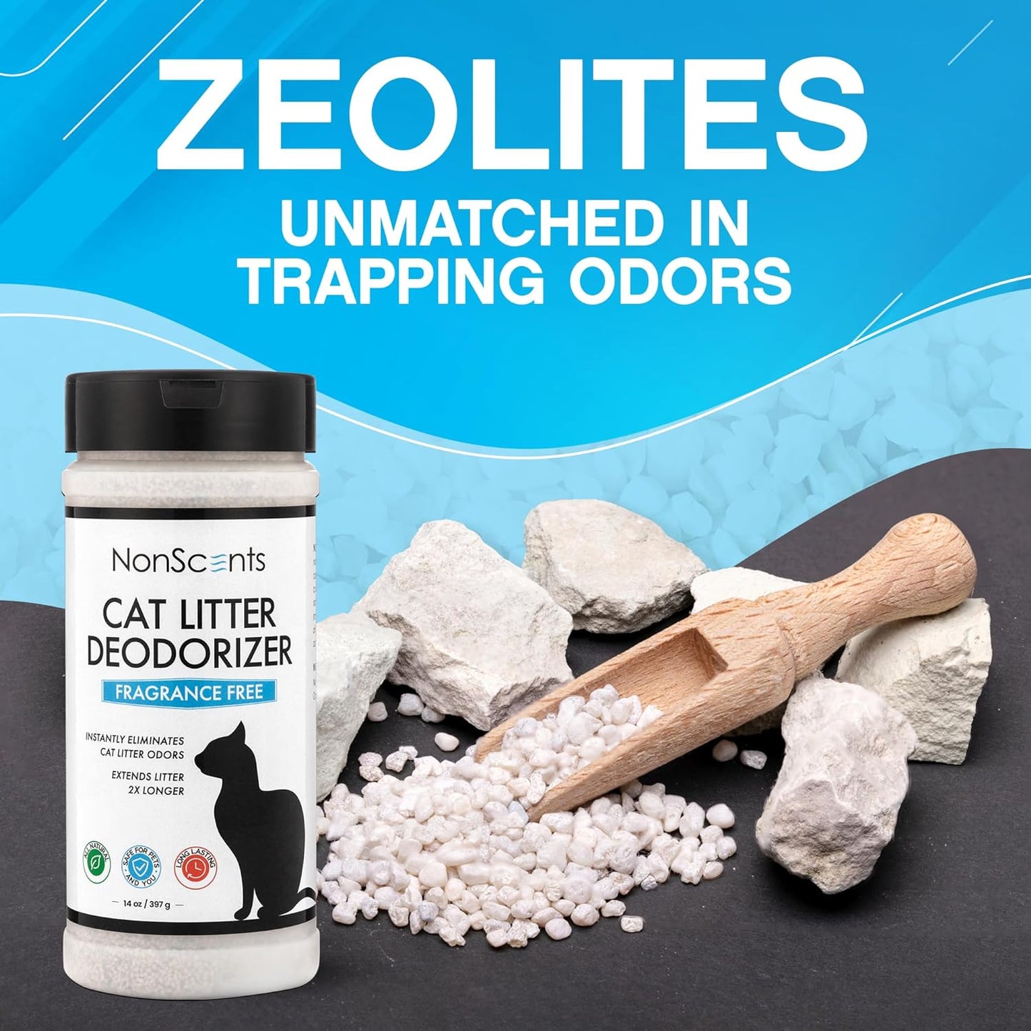 NonScents Cat Litter Deodorizer - Litter Box Odor Eliminator - Less Scooping Extends Kitty Litter Lifespan - Fragrance-Free Formula Eliminates Unpleasant Cat Odors - Fresh Scent Litter Pans (4-Pack)