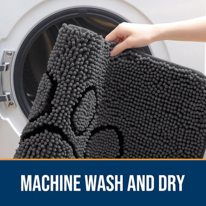 OLANLY Door Mat for Muddy Dog Paws 48x30, Absorbent Chenille Doormat with Paw Print Design, Non-Slip Washable Doormat for Indoor Entryway, Quick-Dry Pet Bed Mats for Dirty Dogs, Dark Grey and Black