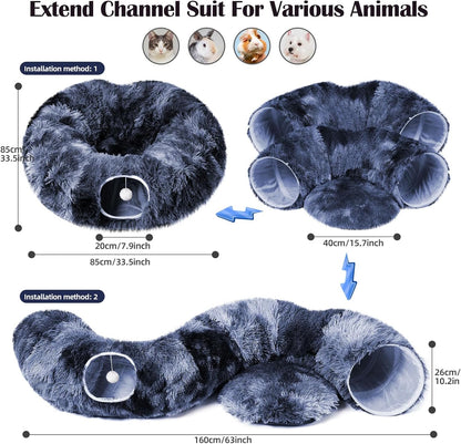 Odoland Cat Tunnels for Indoor Cats with Fluffy Plush Central Cat Couch and 20 Cat Toys, Tunnel Bed for Cats with Hanging Ball, Detachable Soft Mat and Variety Kitty Toy Set, Deep Blue