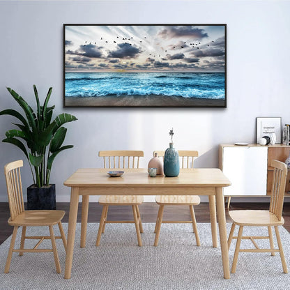 Wapluam Black And White Beach Wall Painting Black Framed Canvas Wall Art For Living Room Wall Decoration For Bedroom Office Wall Decor Blue Sea Wave Pictures Artwork Modern Hotel Room Home Wall Art