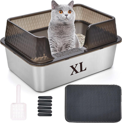 Suhaco Stainless Steel Litter Box Side Entry, Kitty Litter Mat and White Scoop Included Covered Metal High Sided Extra Large Cat Litter Box with Lid Removable Enclosure for Medium Cats (Tall Black)