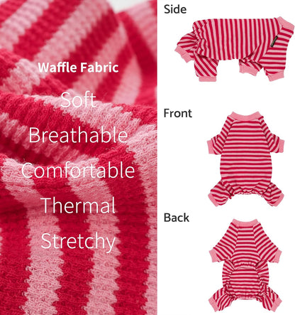 Fitwarm Pink and Red Striped Dog Pajamas, Waffle Dog Clothes for Small Dogs Girl Boy, Puppy Onesie with Feet, Pet Cat Outfit, Large