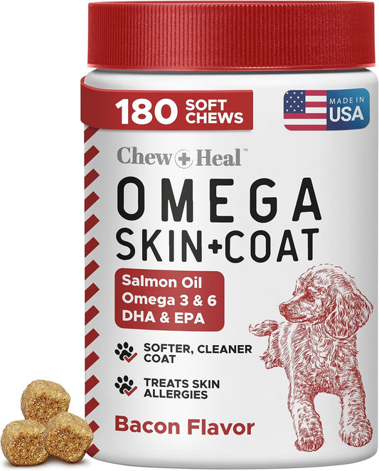 Omega for Dogs - 180 Delicious Soft Chews - Salmon Oil Treats for Skin and Coat, Itch Relief - Fish