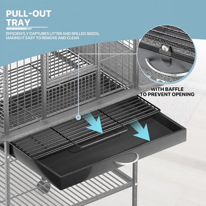 MoNiBloom 61 Inch Large Bird Cage with Rolling Stand, Wrought Steel Flight Birdcage w/Play Top for Parakeets Cockatiels Lovebird Budgie, Black