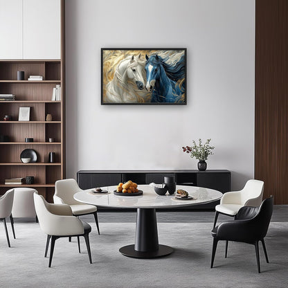 Framed Large Horse Wall Art for Living Room, Oversized Abstract Horses Wall Decor Blue and Golden Canvas Painting Animal Pictures Modern Artwork for Living Room Bedroom Office 36"x24"