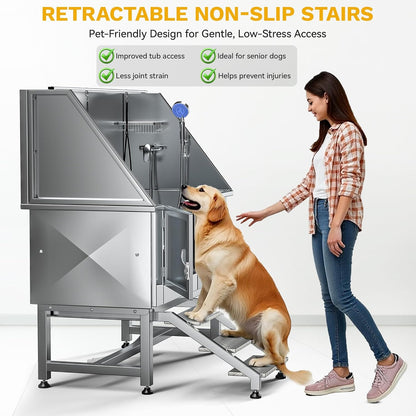 DWVO Professional Pet Dog Bathing Station for Grooming, 50'' Dog Grooming Bathtub with Left Stairs, Floor Grate, Faucet, Showerhead & Soap Holder for Large, Medium & Small Pets