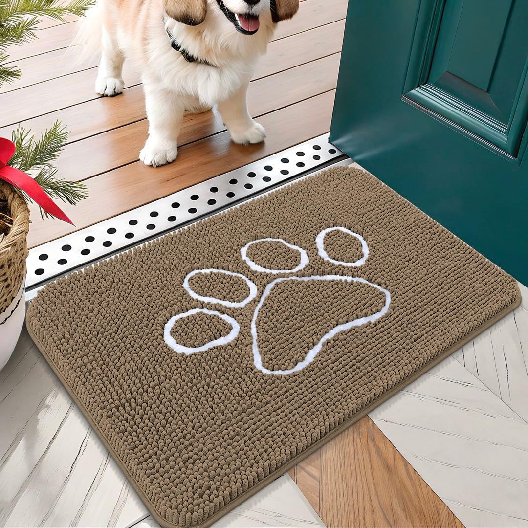 OLANLY Door Mat for Muddy Dog Paws 24x16, Ultra Absorbent Chenille Mud Doormat with Paw Print Design, Non-Slip Washable Doormat for Indoor Entryway, Quick-Dry Pet Bed Mats for Dirty Dogs, Tan