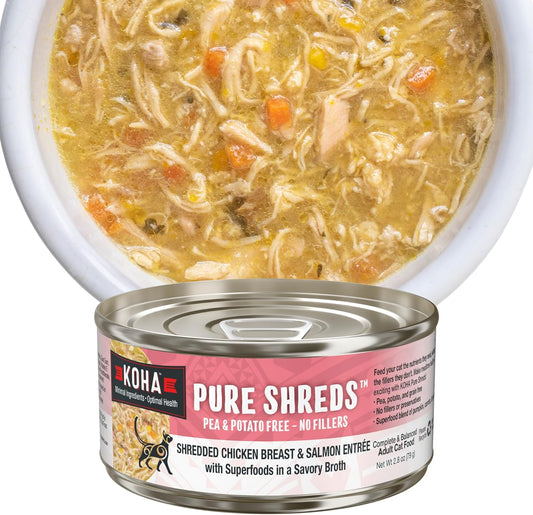 KOHA Pure Shreds Chicken and Salmon Entrée for Cats, High Protein Wet Cat Food, 2.8oz Cans (Pack of